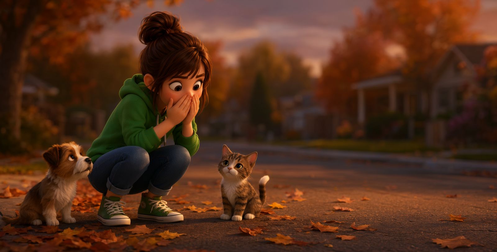 A girl in a green hoodie crouches on an autumn street at sunset, hands over her mouth in surprise, a golden puppy and a white kitten beside her.
