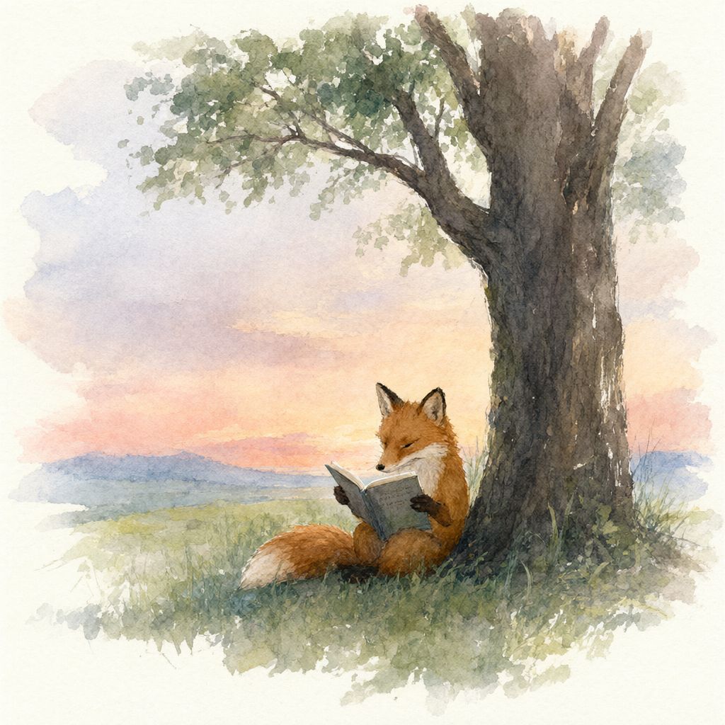 A watercolour fox reading a book under a tree at dusk.
